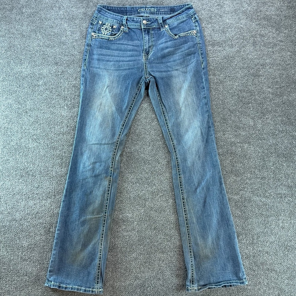 Grace in LA Easy Fit Bootcut Jeans Studded Embroidered Western Denim Womens
